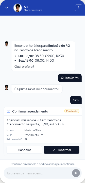Tela do app: cartão de confirmação do agendamento com nome, CPF mascarado, data por extenso e botões cancelar e confirmar.