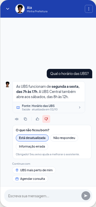 Tela do app: resposta com o cartão de fonte da informação, botões de avaliação e sugestões de continuação.