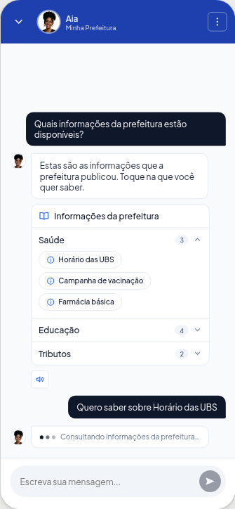 Tela do app: resposta do assistente com a lista de informações da prefeitura agrupadas por categoria.